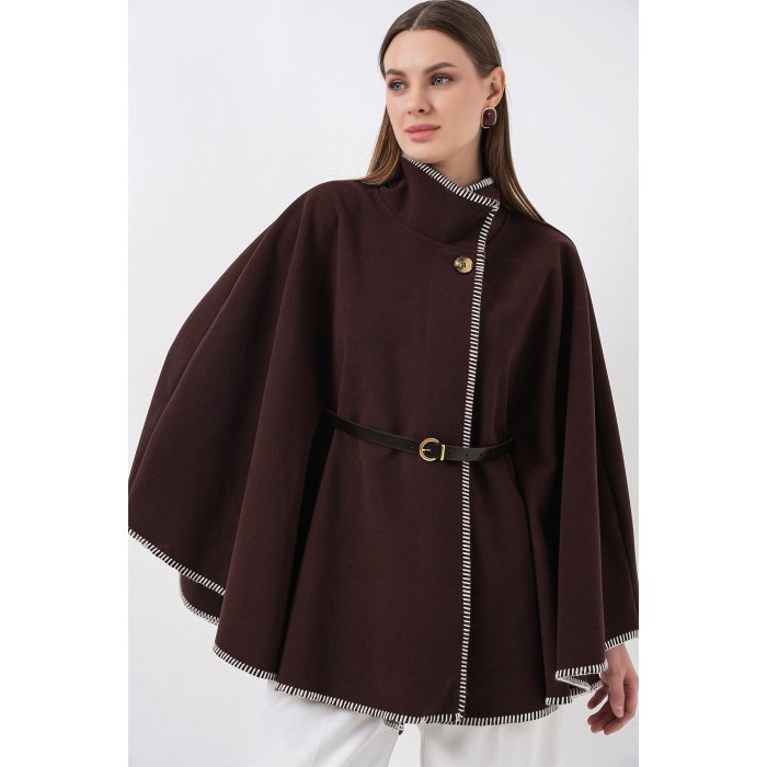 Kadın Dikiş Detaylı Kaşe Panço 9166 - Kahverengi