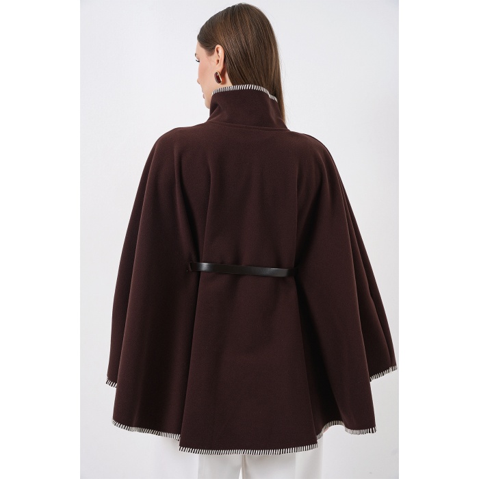 Kadın Dikiş Detaylı Kaşe Panço 9166 - Kahverengi