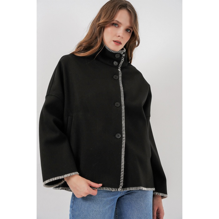 Kadın Nakışlı Kaşe Ceket 9167 - Siyah