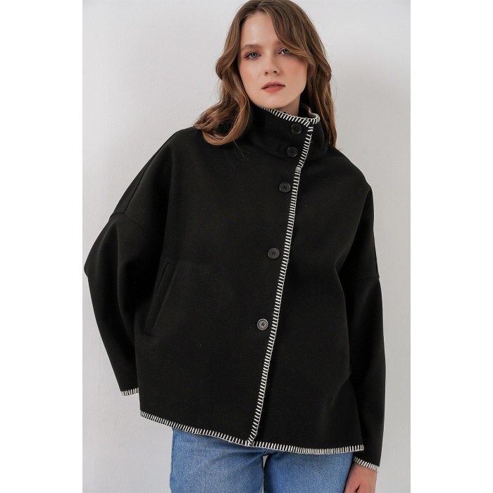 Kadın Nakışlı Kaşe Ceket 9167 - Siyah