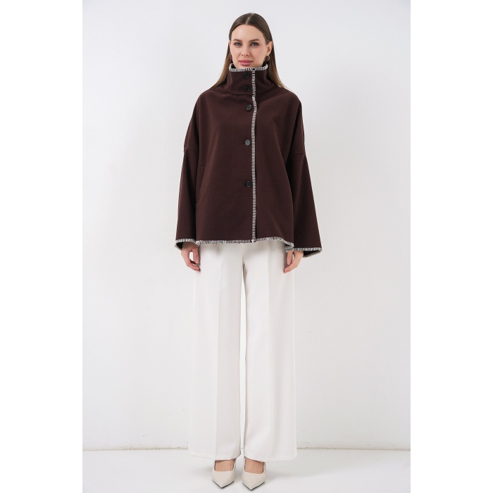 Kadın Nakışlı Kaşe Ceket 9167 - Kahverengi