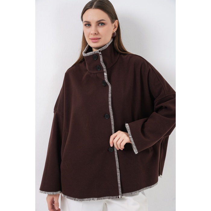 Kadın Nakışlı Kaşe Ceket 9167 - Kahverengi