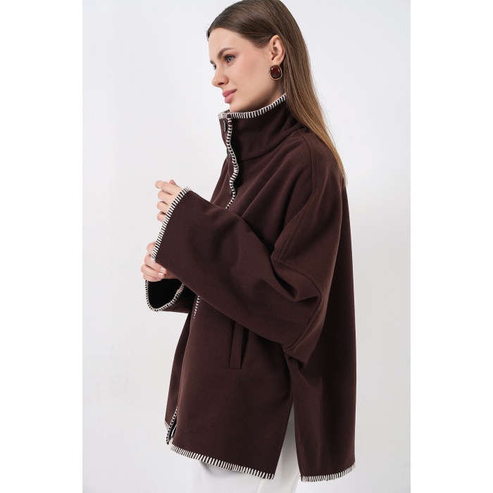 Kadın Nakışlı Kaşe Ceket 9167 - Kahverengi