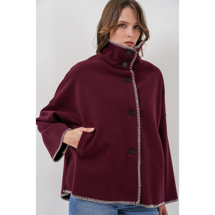 Kadın Nakışlı Kaşe Ceket 9167 - Bordo