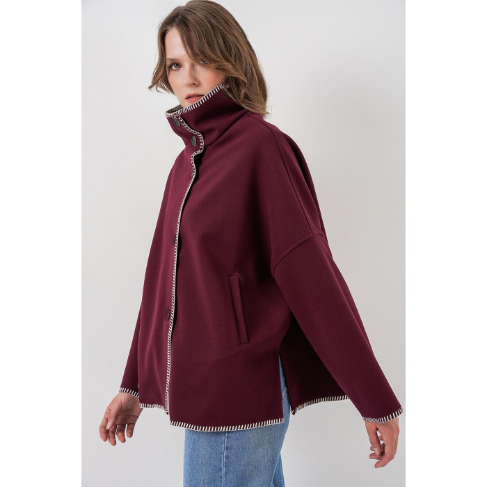 Kadın Nakışlı Kaşe Ceket 9167 - Bordo