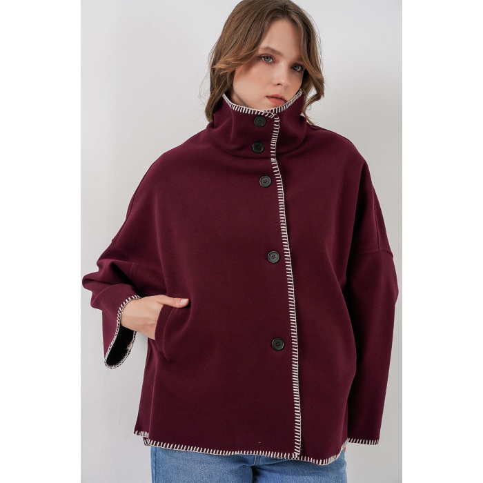 Kadın Nakışlı Kaşe Ceket 9167 - Bordo