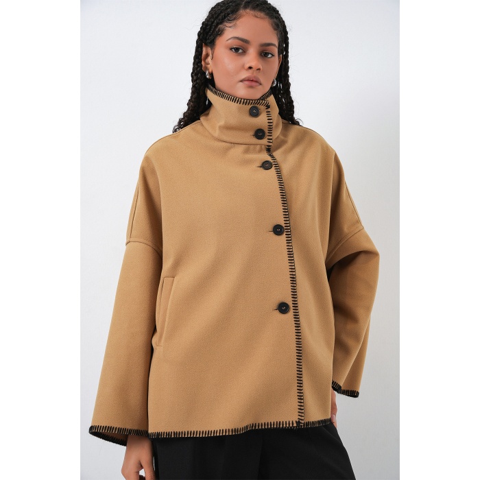 Kadın Nakışlı Kaşe Ceket 9167 - Hardal