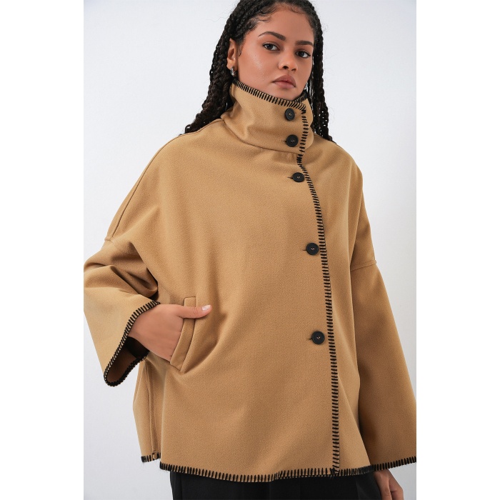 Kadın Nakışlı Kaşe Ceket 9167 - Hardal