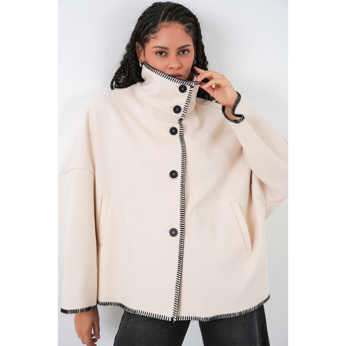 Kadın Nakışlı Kaşe Ceket 9167 - Ekru