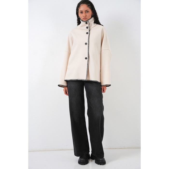 Kadın Nakışlı Kaşe Ceket 9167 - Ekru