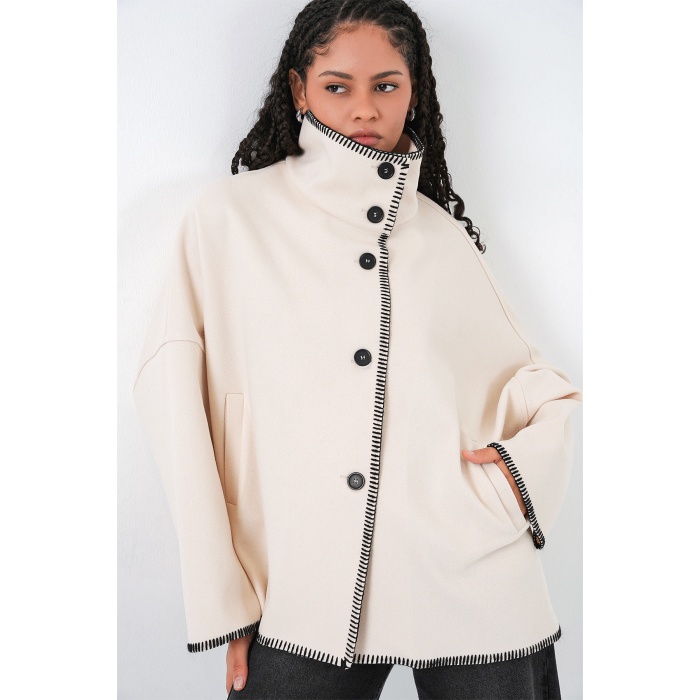 Kadın Nakışlı Kaşe Ceket 9167 - Ekru