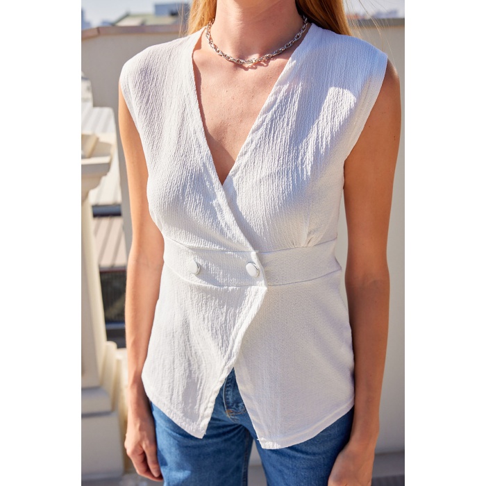 916 Düğme Detaylı Örme Yelek - Beyaz