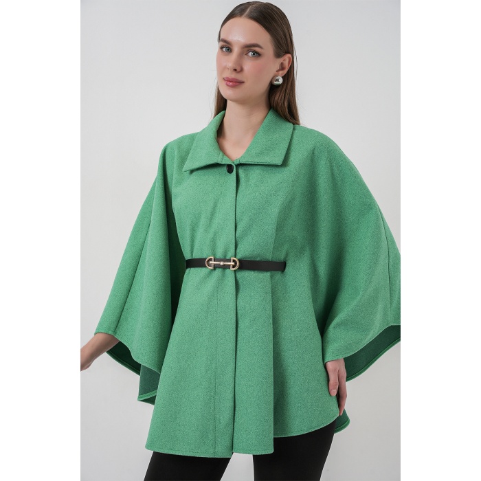 Kadın Kemerli Kaşe Panço 9170 - Yeşil