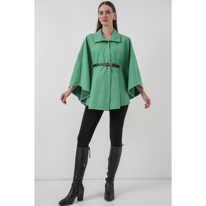 Kadın Kemerli Kaşe Panço 9170 - Yeşil