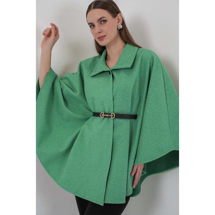 Kadın Kemerli Kaşe Panço 9170 - Yeşil