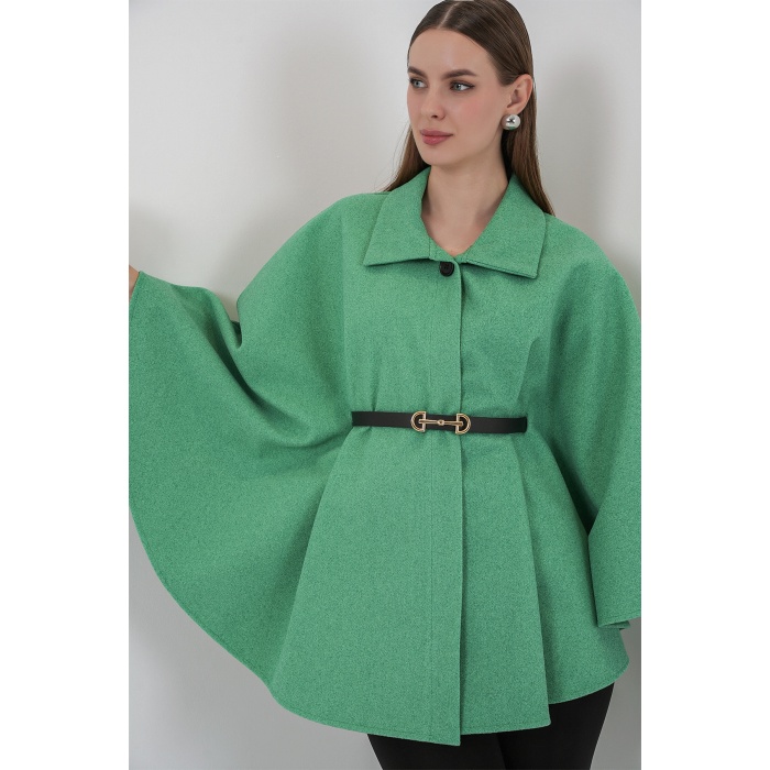 Kadın Kemerli Kaşe Panço 9170 - Yeşil