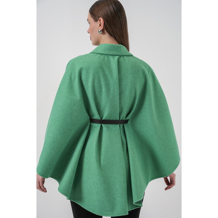 Kadın Kemerli Kaşe Panço 9170 - Yeşil