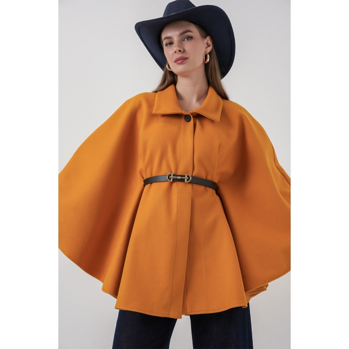 Kadın Kemerli Kaşe Panço 9170 - Hardal