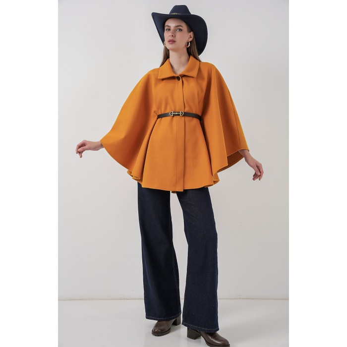 Kadın Kemerli Kaşe Panço 9170 - Hardal