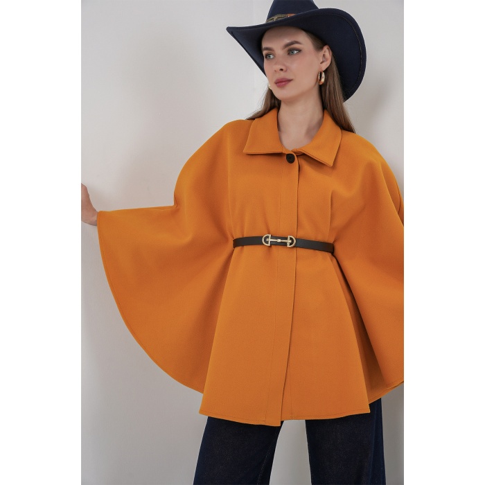 Kadın Kemerli Kaşe Panço 9170 - Hardal