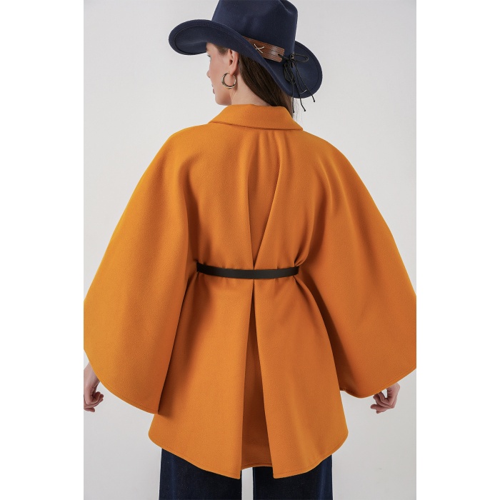 Kadın Kemerli Kaşe Panço 9170 - Hardal