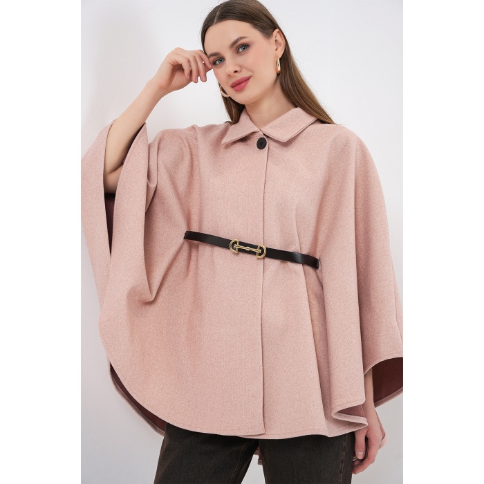 Kadın Kemerli Kaşe Panço 9170 - Pudra