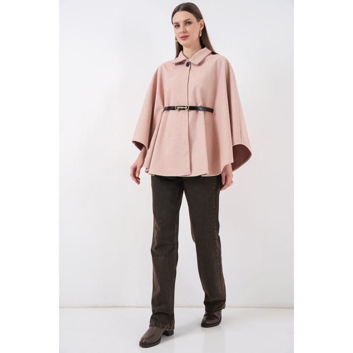 Kadın Kemerli Kaşe Panço 9170 - Pudra