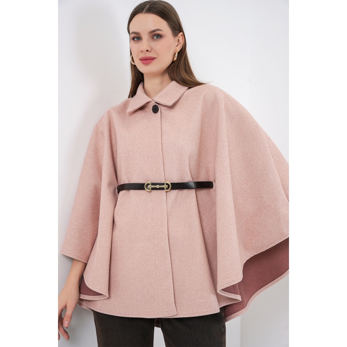 Kadın Kemerli Kaşe Panço 9170 - Pudra