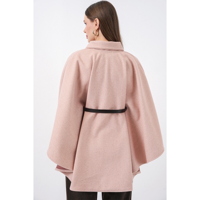 Kadın Kemerli Kaşe Panço 9170 - Pudra