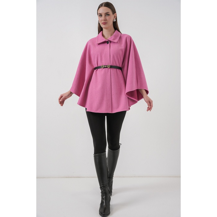 Kadın Kemerli Kaşe Panço 9170 - Pembe