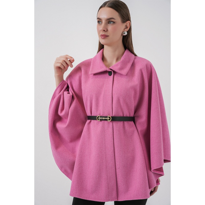 Kadın Kemerli Kaşe Panço 9170 - Pembe