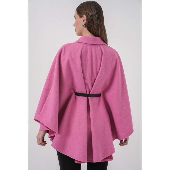 Kadın Kemerli Kaşe Panço 9170 - Pembe