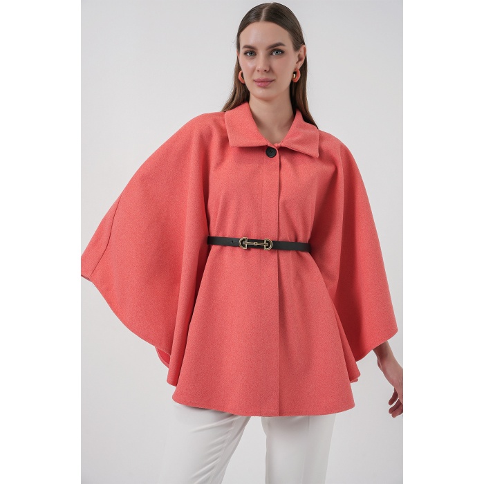 Kadın Kemerli Kaşe Panço 9170 - Somon