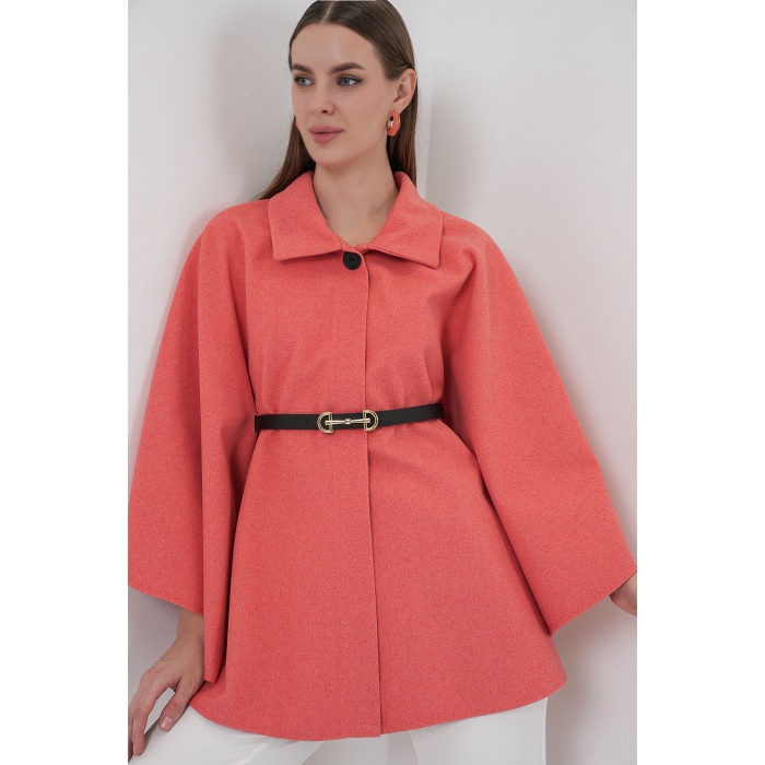 Kadın Kemerli Kaşe Panço 9170 - Somon