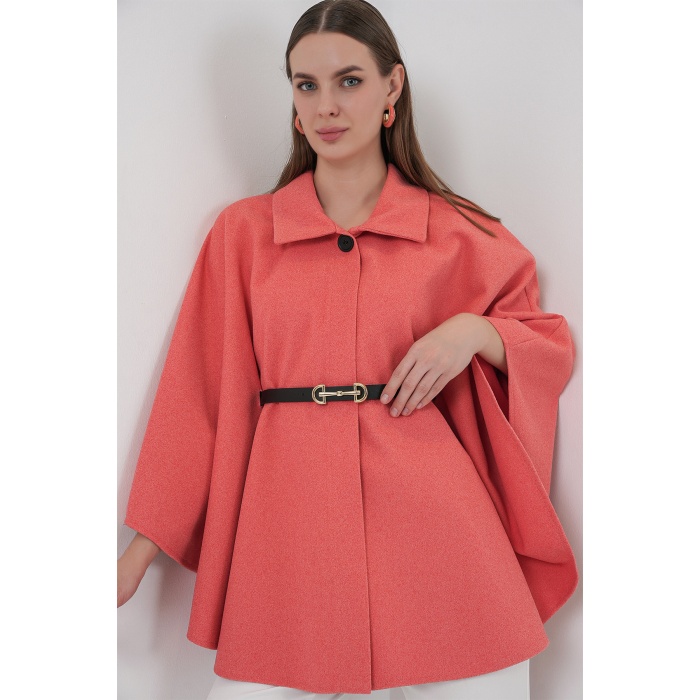 Kadın Kemerli Kaşe Panço 9170 - Somon