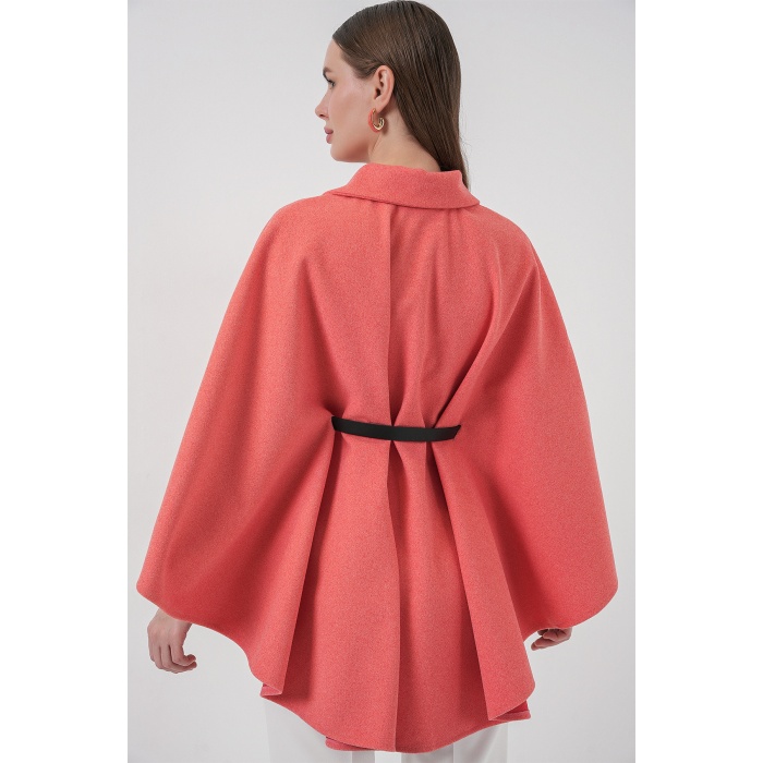 Kadın Kemerli Kaşe Panço 9170 - Somon