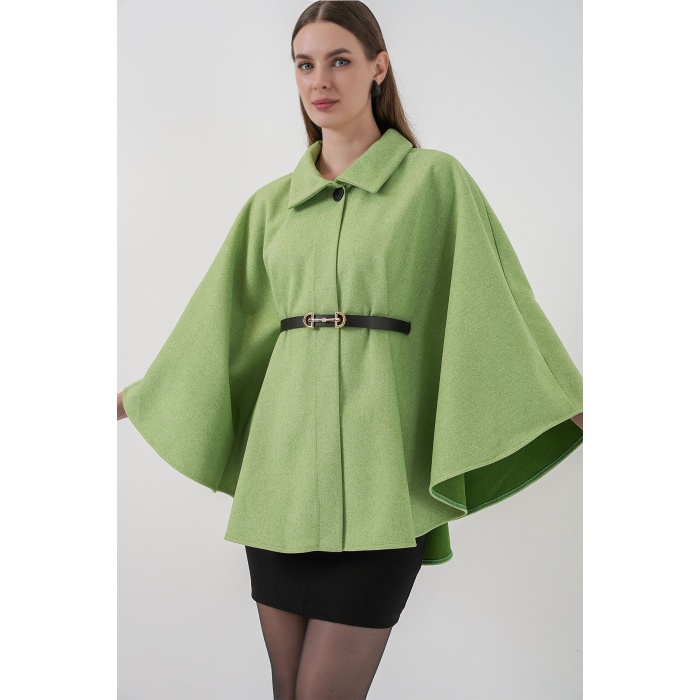 Kadın Kemerli Kaşe Panço 9170 - E.Yeşil