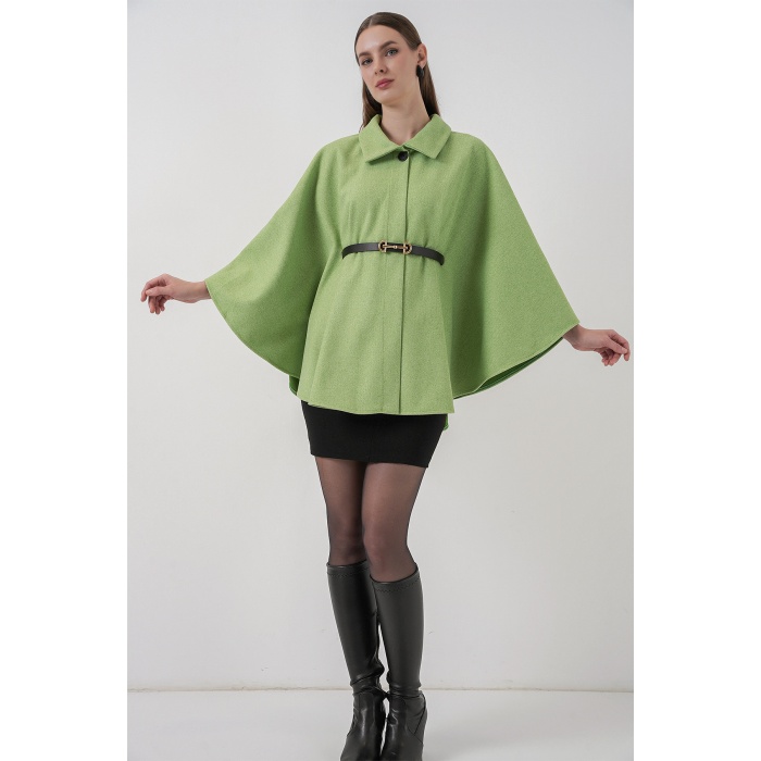 Kadın Kemerli Kaşe Panço 9170 - E.Yeşil