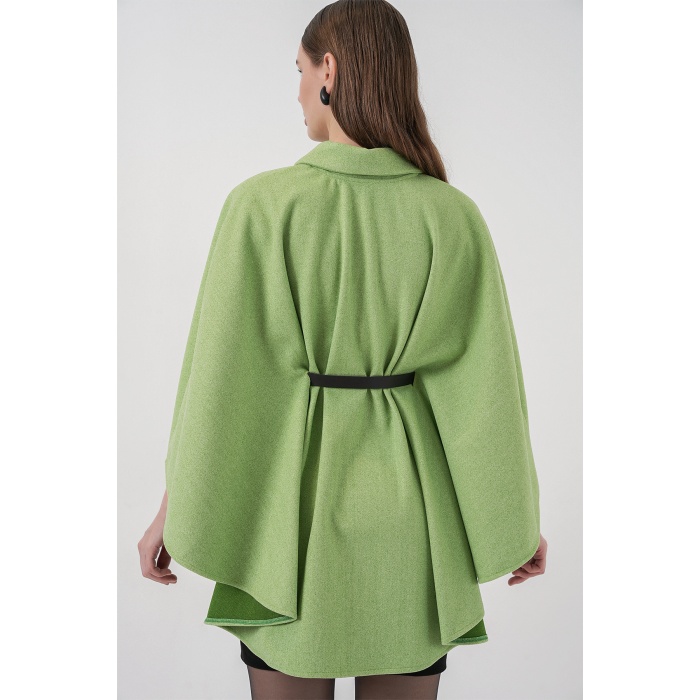 Kadın Kemerli Kaşe Panço 9170 - E.Yeşil