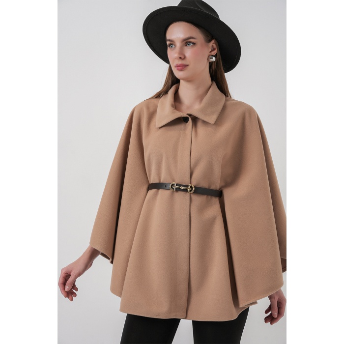 Kadın Kemerli Kaşe Panço 9170 - Camel