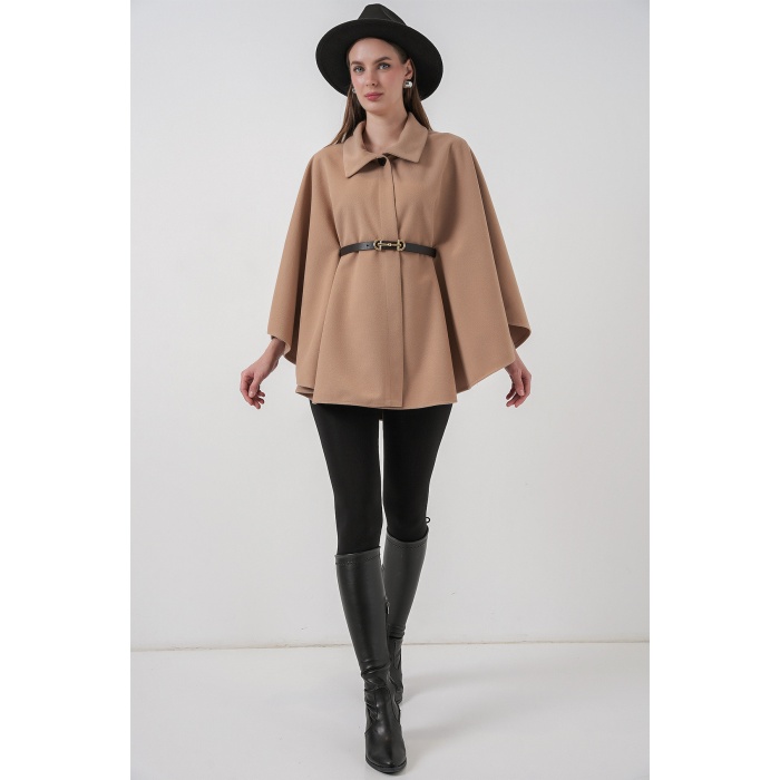 Kadın Kemerli Kaşe Panço 9170 - Camel