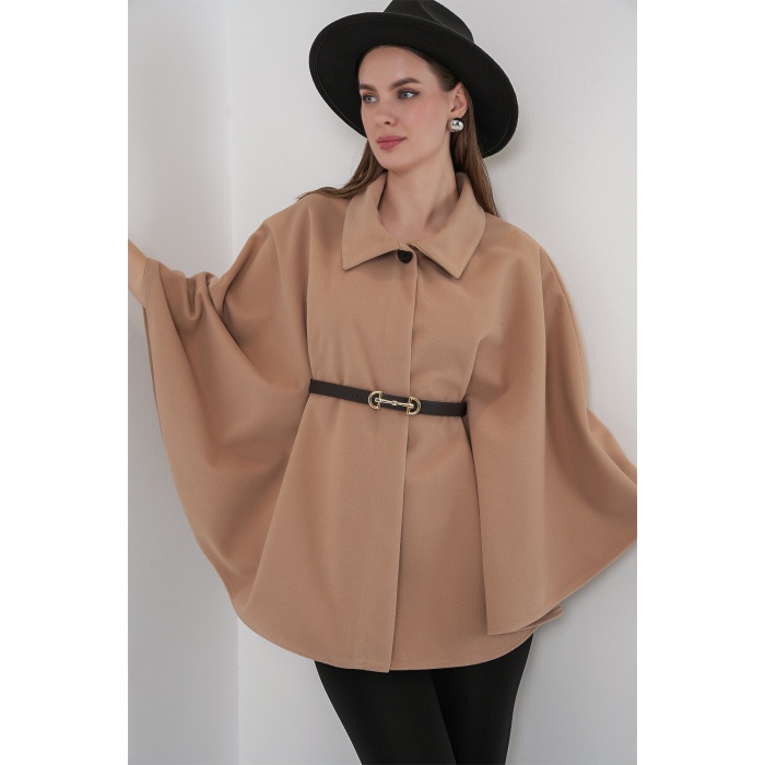 Kadın Kemerli Kaşe Panço 9170 - Camel