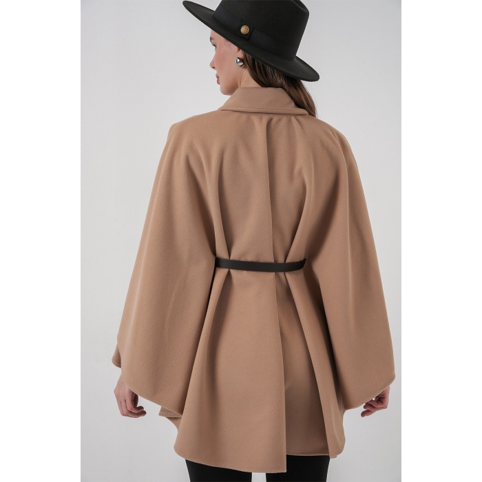 Kadın Kemerli Kaşe Panço 9170 - Camel