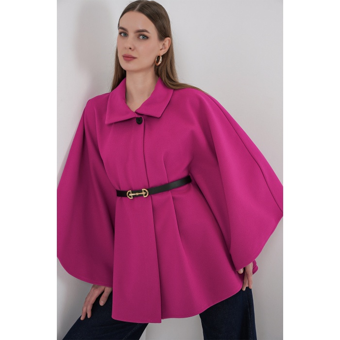 Kadın Kemerli Kaşe Panço 9170 - Koyu Pembe
