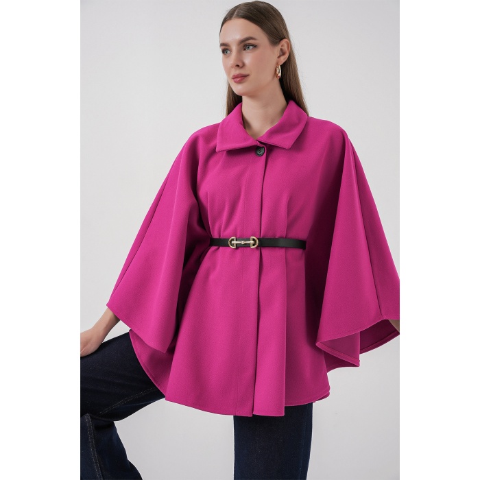 Kadın Kemerli Kaşe Panço 9170 - Koyu Pembe