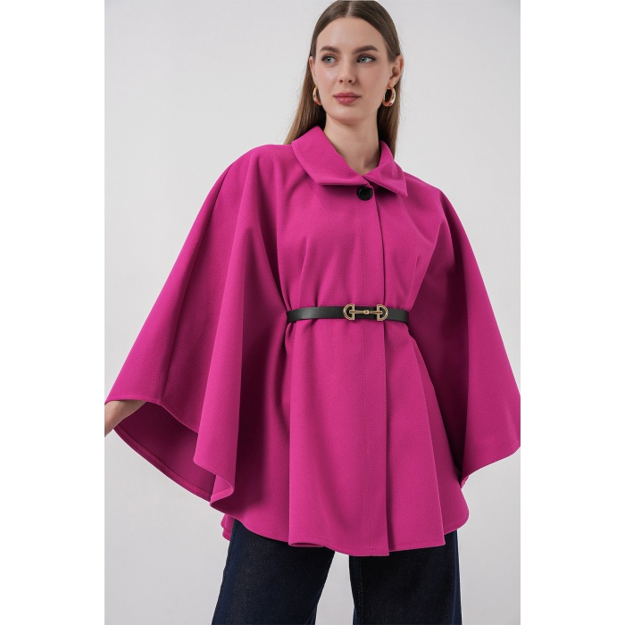 Kadın Kemerli Kaşe Panço 9170 - Koyu Pembe