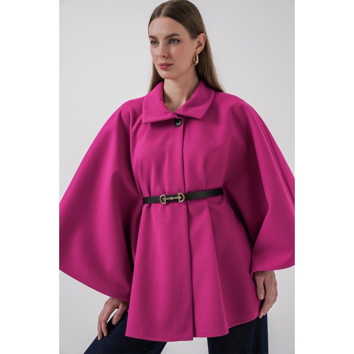 Kadın Kemerli Kaşe Panço 9170 - Koyu Pembe