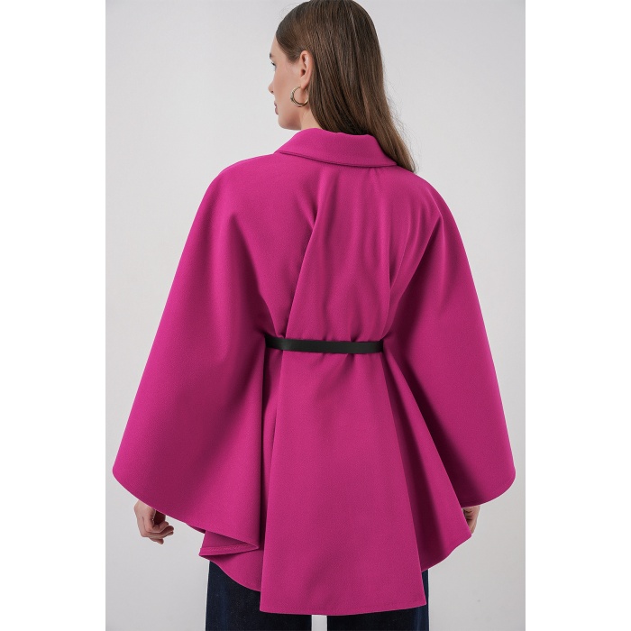 Kadın Kemerli Kaşe Panço 9170 - Koyu Pembe