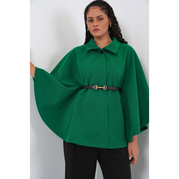 Kadın Kemerli Kaşe Panço 9170 - Koyu Yeşil