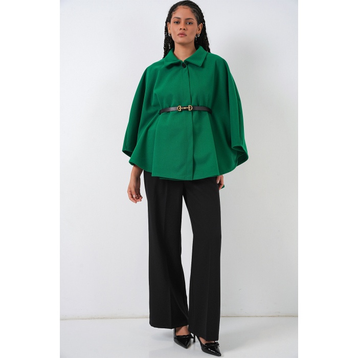 Kadın Kemerli Kaşe Panço 9170 - Koyu Yeşil